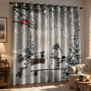 Holiday Theme Semi-Sheer Polyester Curtains, 42x84" Holly Snowman Pine Tree Print Rod Pocket Drapes for Indoor Kitchen/Living Room Decor