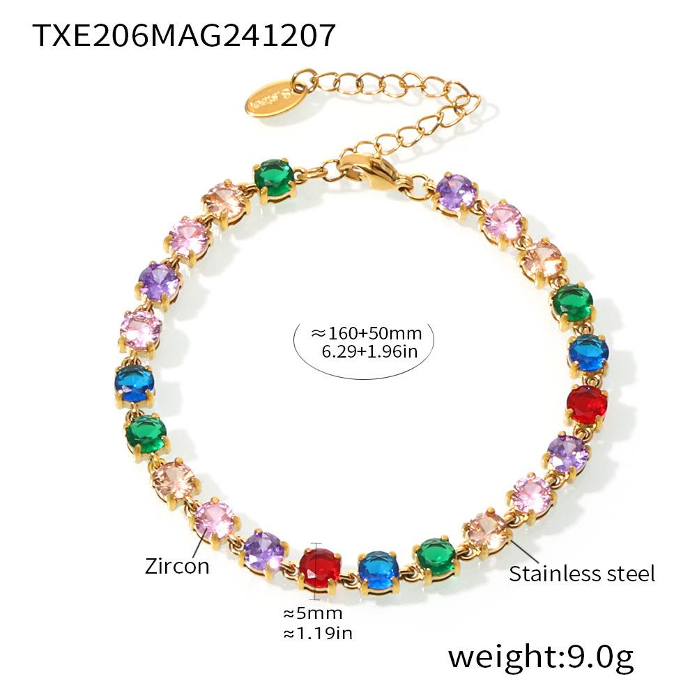 Handmade Prong Setting 5mm Colorful Zircon Shiny Bracelet & Necklace Set, 18K Gold Plated Luxury Jewelry