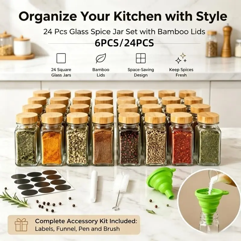 Natural Bamboo Lid Square Glass Seasoning Jar Set, 6pcs/24pcs Multi-Functional Spices Organizer Spice Storage Bottles, Kitchen Counter Organizer