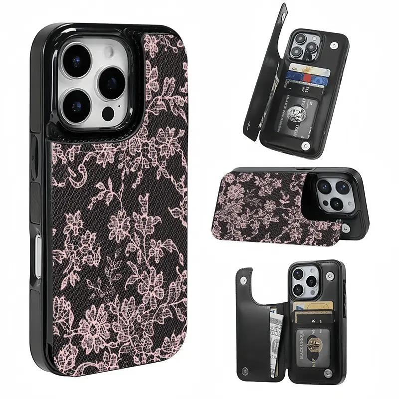 Black and Pink Lace Floral Pattern Card Holder, This phone case features a card slot function, can store bank cards, transit cards and other cards, suitable for iPhone 17/16/15/14/13/12, and makes a great gift for girls.