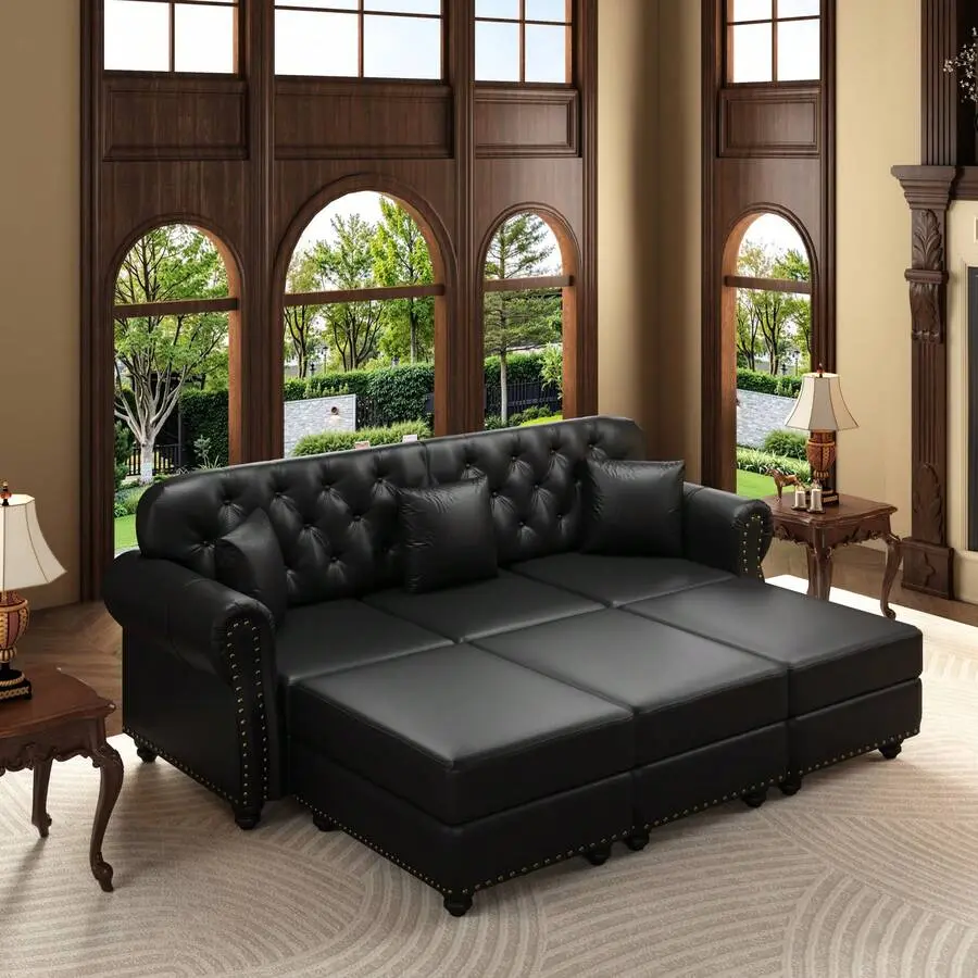 Rhomtree 4-Piece Living Room Furniture Set, 82.6" Upholstered Faux Leather Sofa With Nailhead Trim And Rolled Armrests, Mid-Century Modern Chesterfield Sofa With Button Tufted, Includes 3 Pillows,desk,chair,dining,sleeper,bed,bench,,tab,built-in,wine,rack