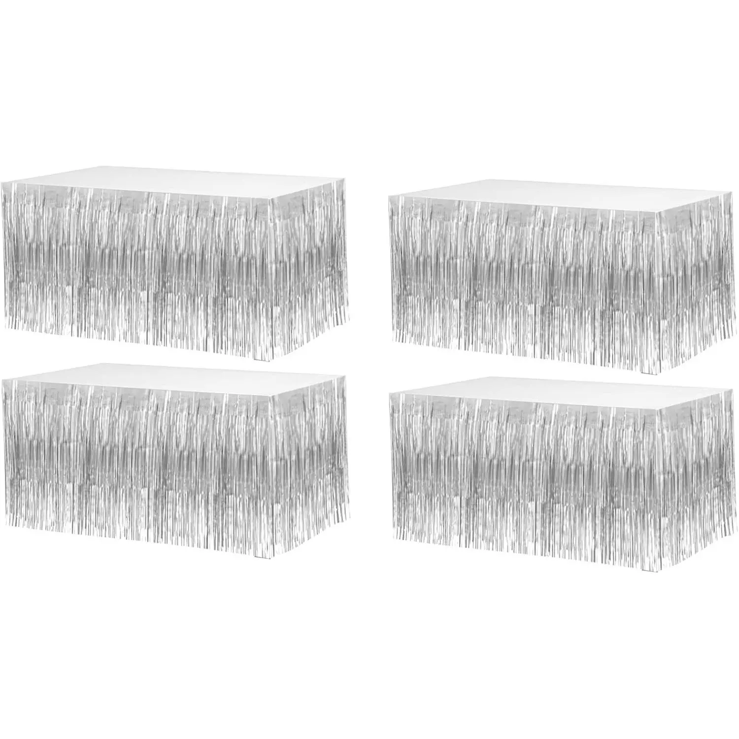 Silver Metallic Foil Fringe Tinsel Table Skirts 4-Pack (29x108in) - Rectangle Table Streamer Curtain Backdrop, Halloween Party Decorations