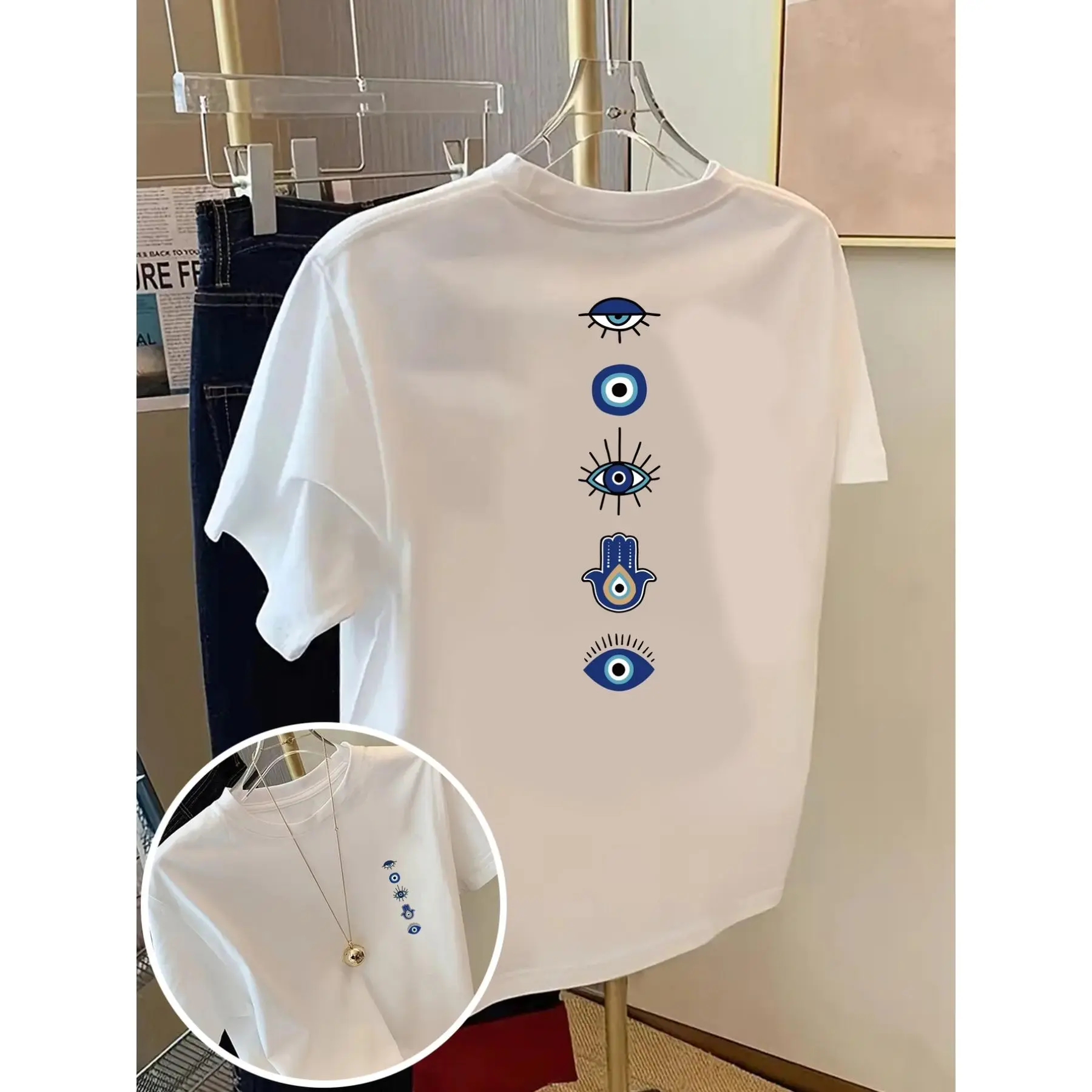 Short-Sleeve T-Shirt With Front And Back Prints - Devil'S Eye, Amulet Fashion Print - Women'S Spring/Summer Trendy Print T-Shirt, Fashion Item