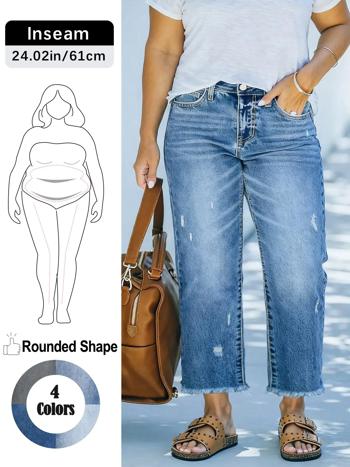 Women's Plus Size Mid-Waist Ripped Jeans, American Vintage Washed Edge Design, Casual Daily Wear, Loose-Fitting, All Seasons