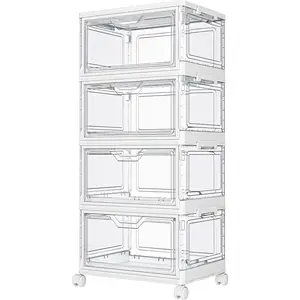 Clear Storage Bins with Lids - 4 Tier Plastic Bins with Wheels, Stackable Storage Bin, Closet Organizers Box for Bedroom, Living Room, 23 QT Folding Box with Magnetic Door
