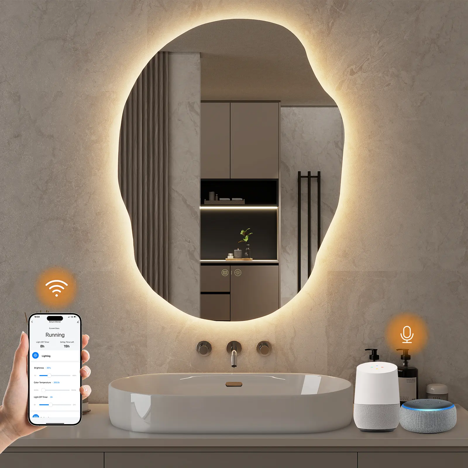 ENZE LED Backlit Cloud Mirror Bathroom,24''x 32'' Mirror with Anti-Fog,Stepless Dimmable Lights,3 Color Modes,Shatter-Proof Tempered Glass,Waterproof,Touch Sensor &APP&Voice Control (Alexa/Google) screen control vanity, Mirrors, Guest Bathroom makeup