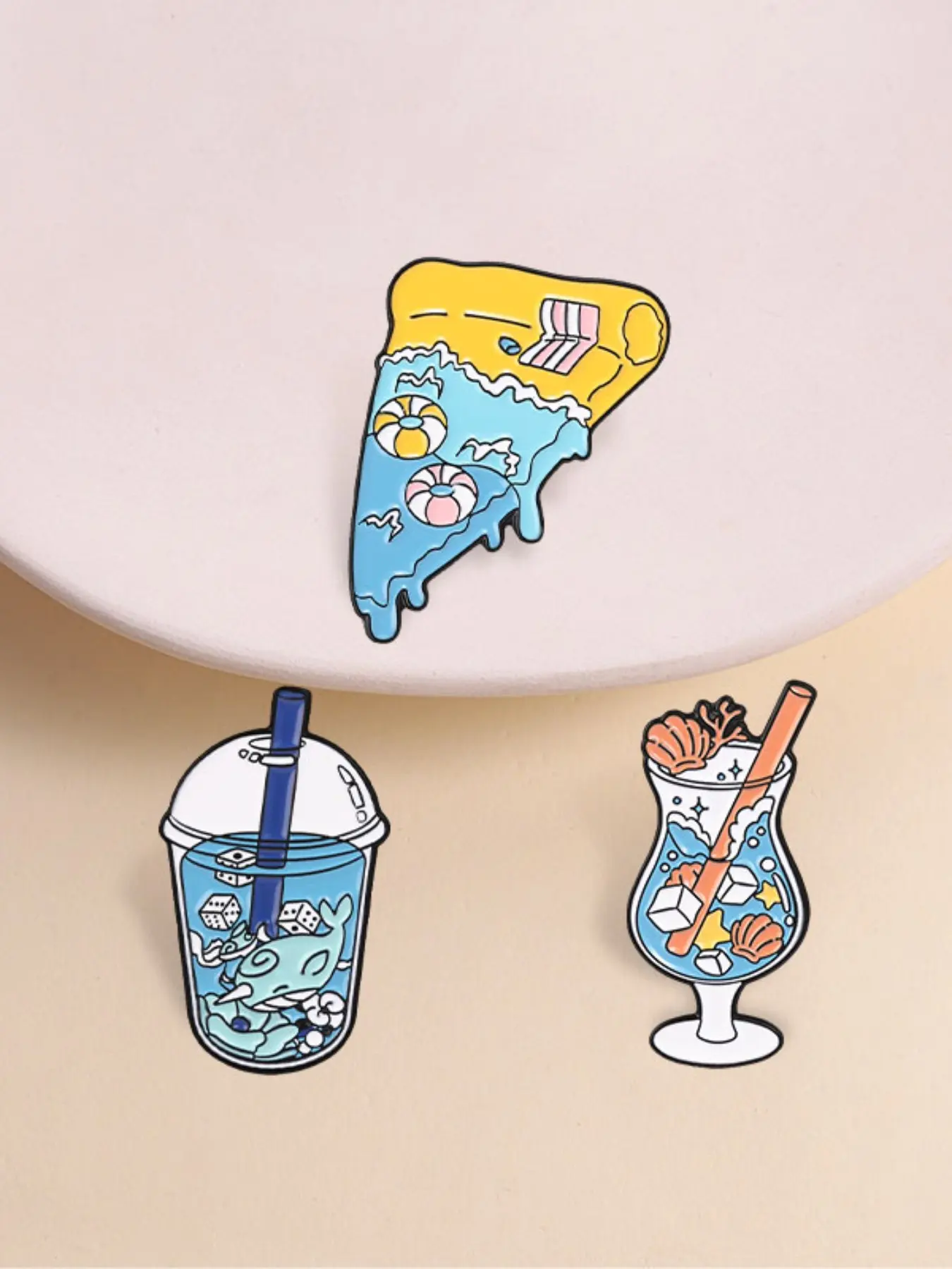 3Pcs Summer Ocean Enamel Pin,Cocktail Glass,Wave Pizza Slice & Ocean Milk Tea Cup,Beach Vacation Cartoon Badge,Fun Gift for Friends
