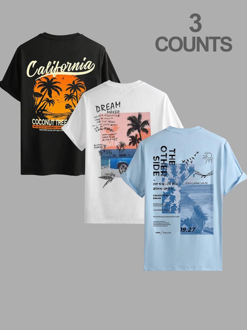 Men's Letter & Coconut Tree Print Round Neck Tee, Regular Fit Casual Short Sleeve T-shirt for Summer, Men's Top for Daily Wear