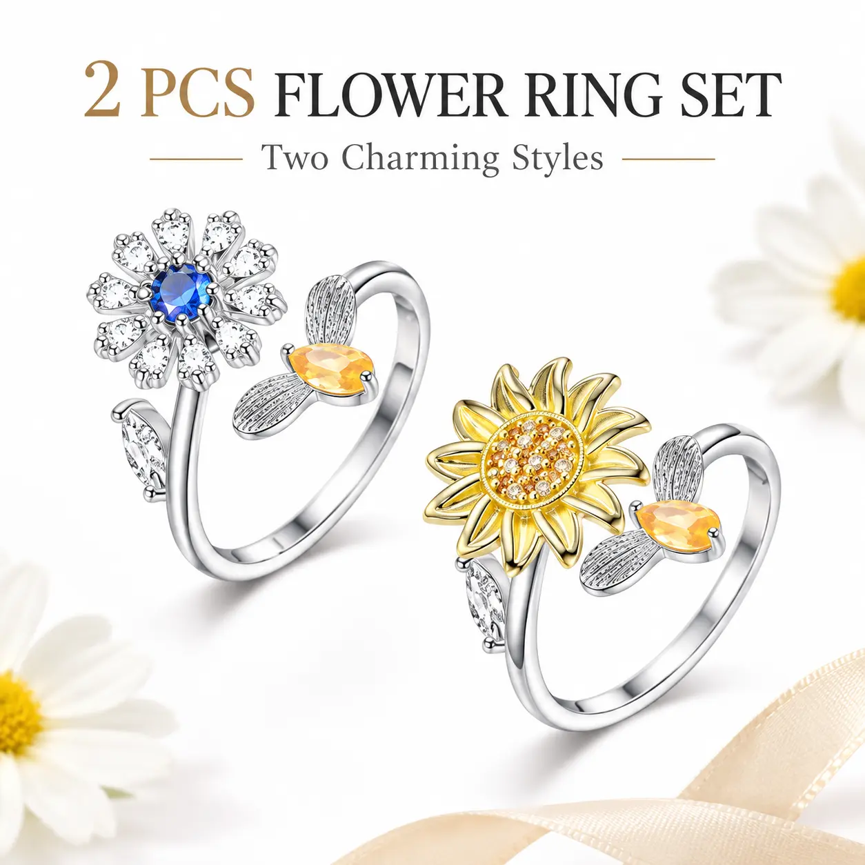 Women 2Pcs Stackable Spinning Fidget Rings, 360° Rotatable, Sunflower Butterfly Bee Star & Moon Designs, Stress & Anxiety Relief Fashion Costume Jewelry ****