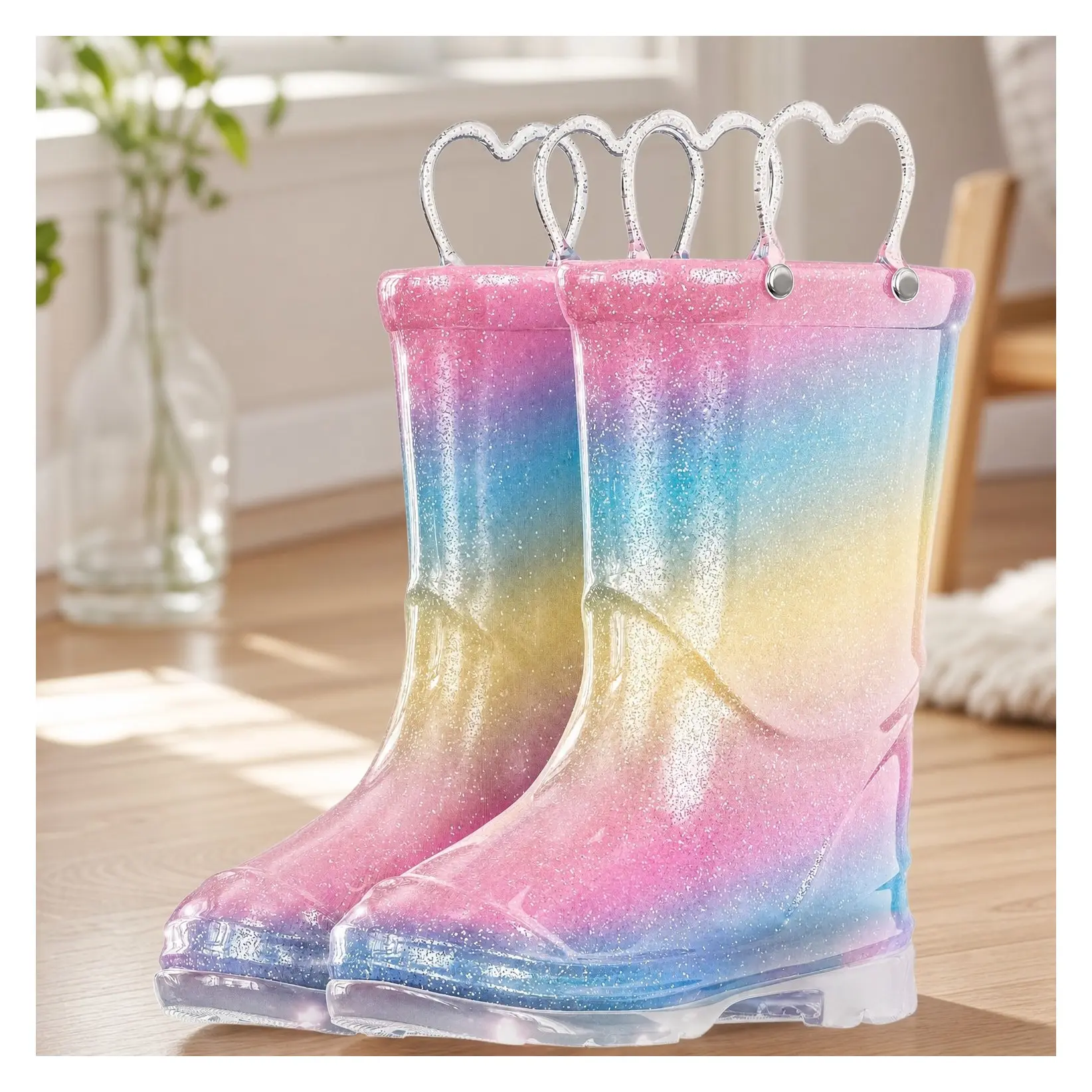 Toddler Girls Glitter Light Up Rain Boots with Easy-On Handles, Lightweight Waterproof Kids Rain Shoes (Toddler/Little/Big Kids)Gift