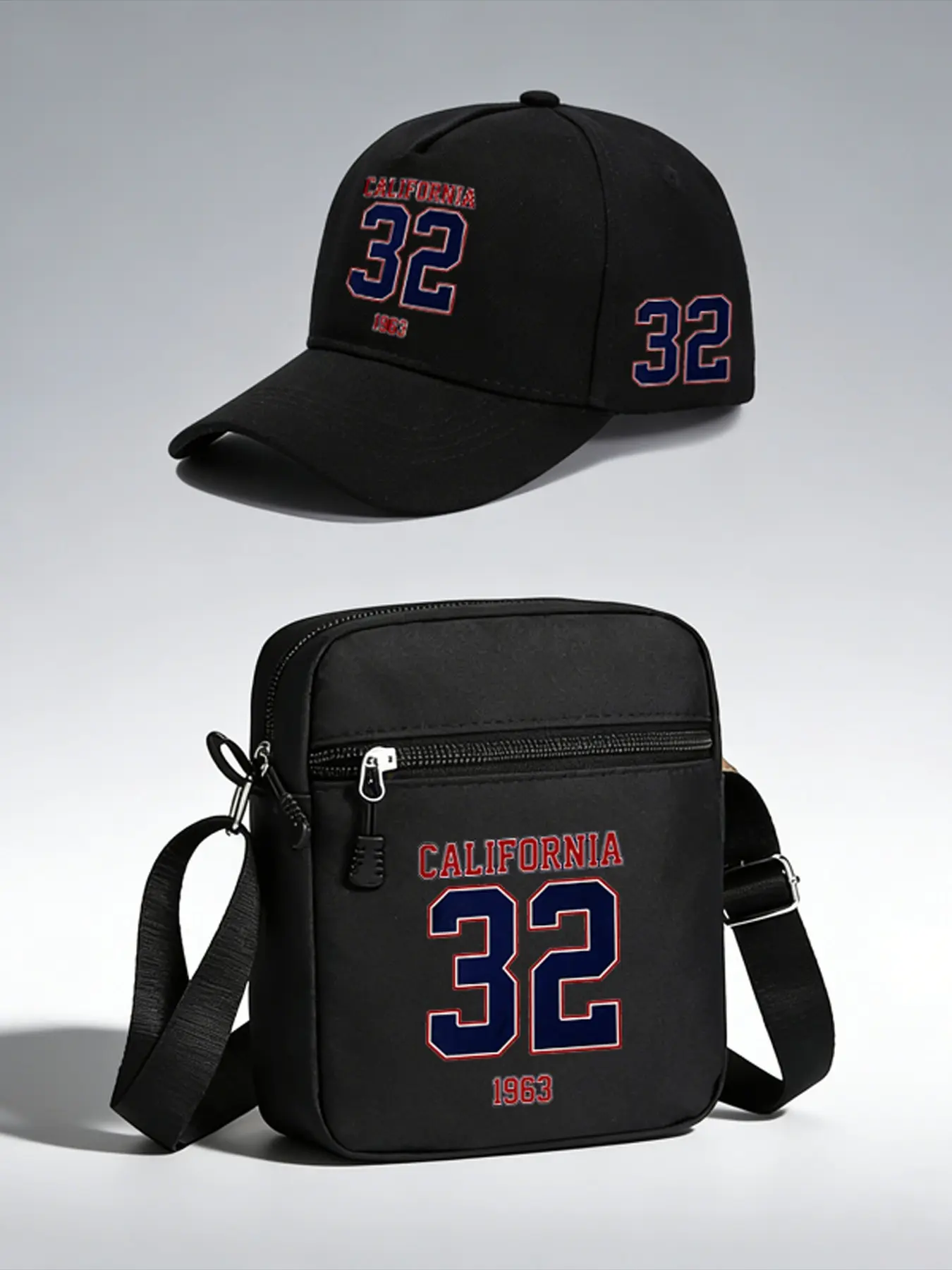 California 32 Hip Hop Baseball Hat and Crossbody Bag Set, Adjustable Street Fashion, Ideal for Daily Wear and Gifts, All Seasons