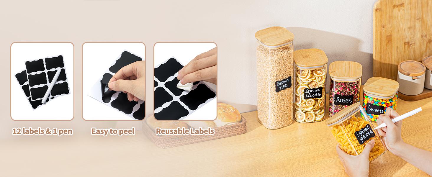 37 Oz Glass Storage Jars with Bamboo Lids - 6 Pack Clear Glass Canisters Square Airtight Stackable Ideal for Pantry Storage Containers Organizers Great for Storing Oats Coffee Beans Nuts etc