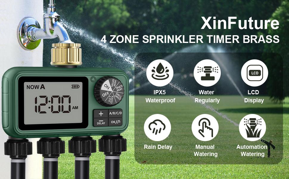 4 Zones Brass Inlet Timer for, Sprinkler Timer for Faucet with Auto/Manual/Rain Delay Mode, Sprinkler Irrigation Controller for Yard Lawn