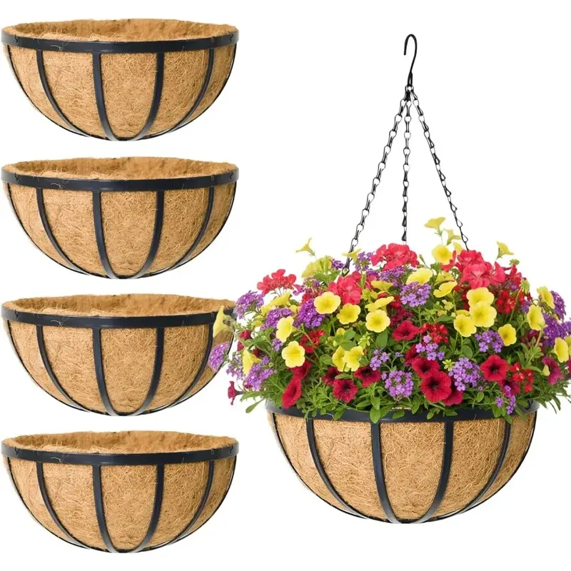 4 Pack 14 Inch Round Hanging Basket with Coco Liners, Metal Hanging Baskets for Plants Outdoor, Hanging Planter with Chain Garden Products for Outdoor, Porch, Lawn, Garden