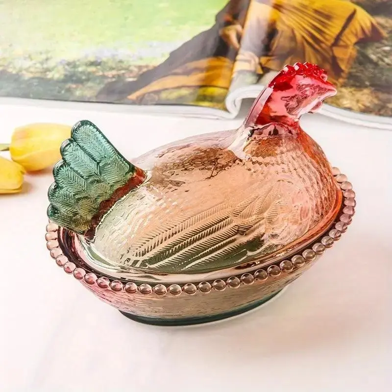 Elegant Crystal Glass Chicken-Shaped Storage Jar with Lid, Intricate Design, Perfect for Candy Sugar Snacks, Unique Kitchen Decor