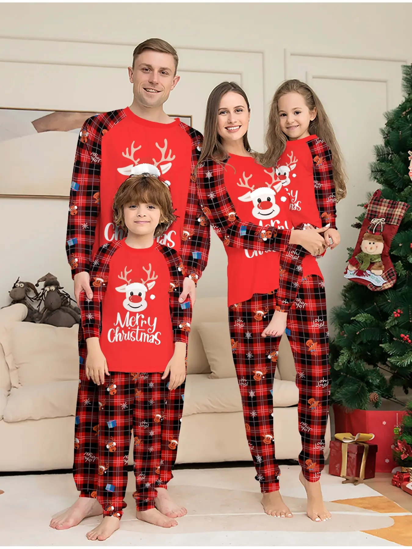 Red Black Plaid Raglan Sleeve Matching Family Christmas Pajama Set, Cartoon Reindeer Merry Xmas Print Cuffed Loungewear, Soft Sleepwear for Adults Kids Couple, Vintage Plaid Holiday Matching Outfits for Family of 3 & 4