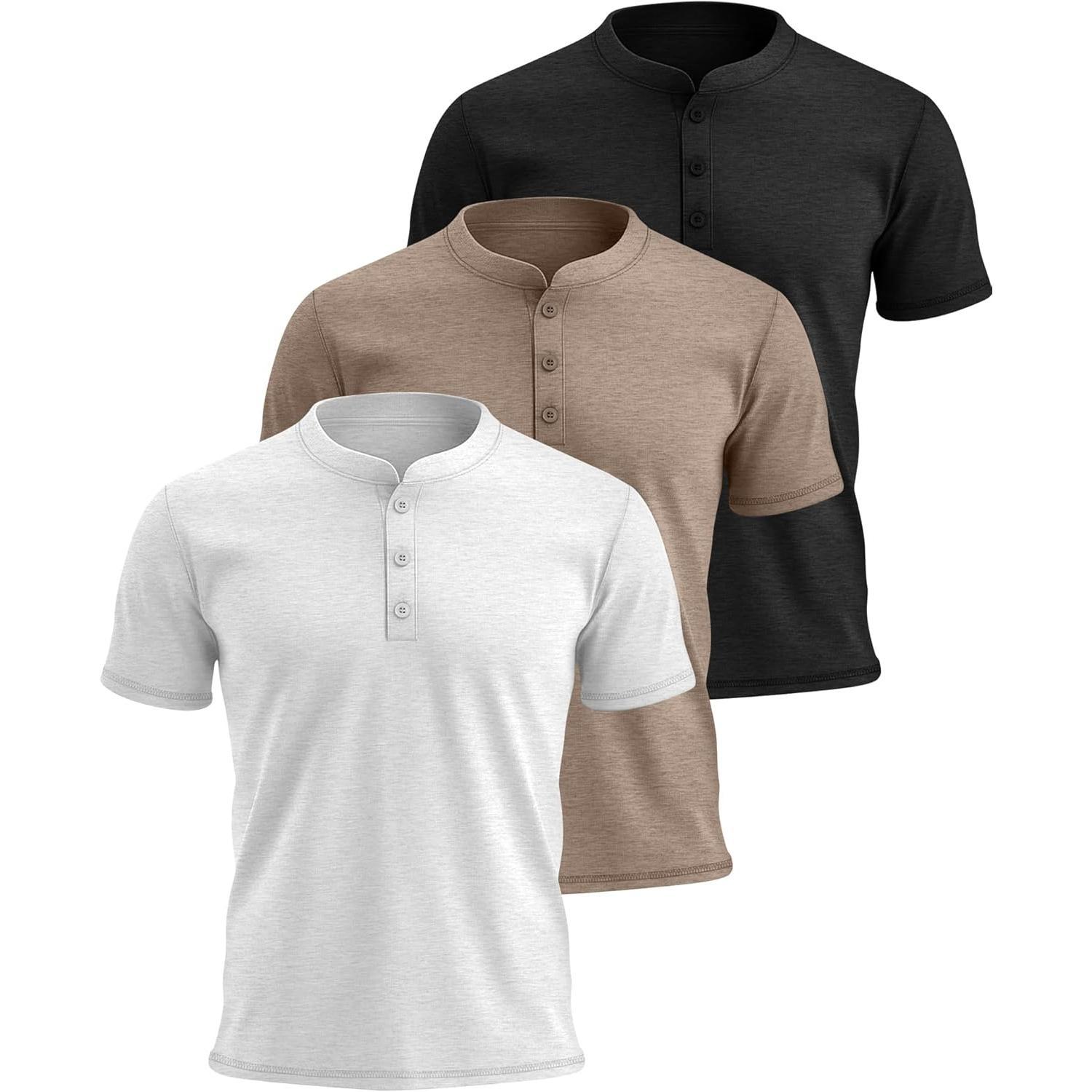 3 Pack Men's Big & Tall Henley Short Sleeve Shirts, Cotton Crew Neck Casual Button T-Shirts Summer Basic Tees Tops Menswear Tshirt