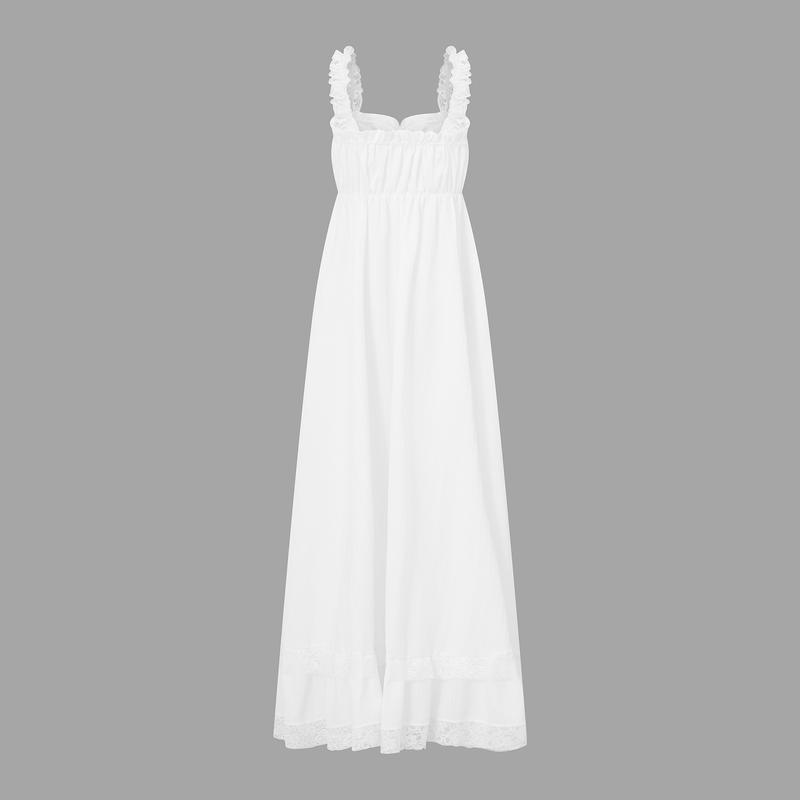 Women's Elegant White Tiered Cami Long Dress Lace Trim Ruffle Flowy Maxi Sundress Sleeveless A-Line High Waist Summer Dress