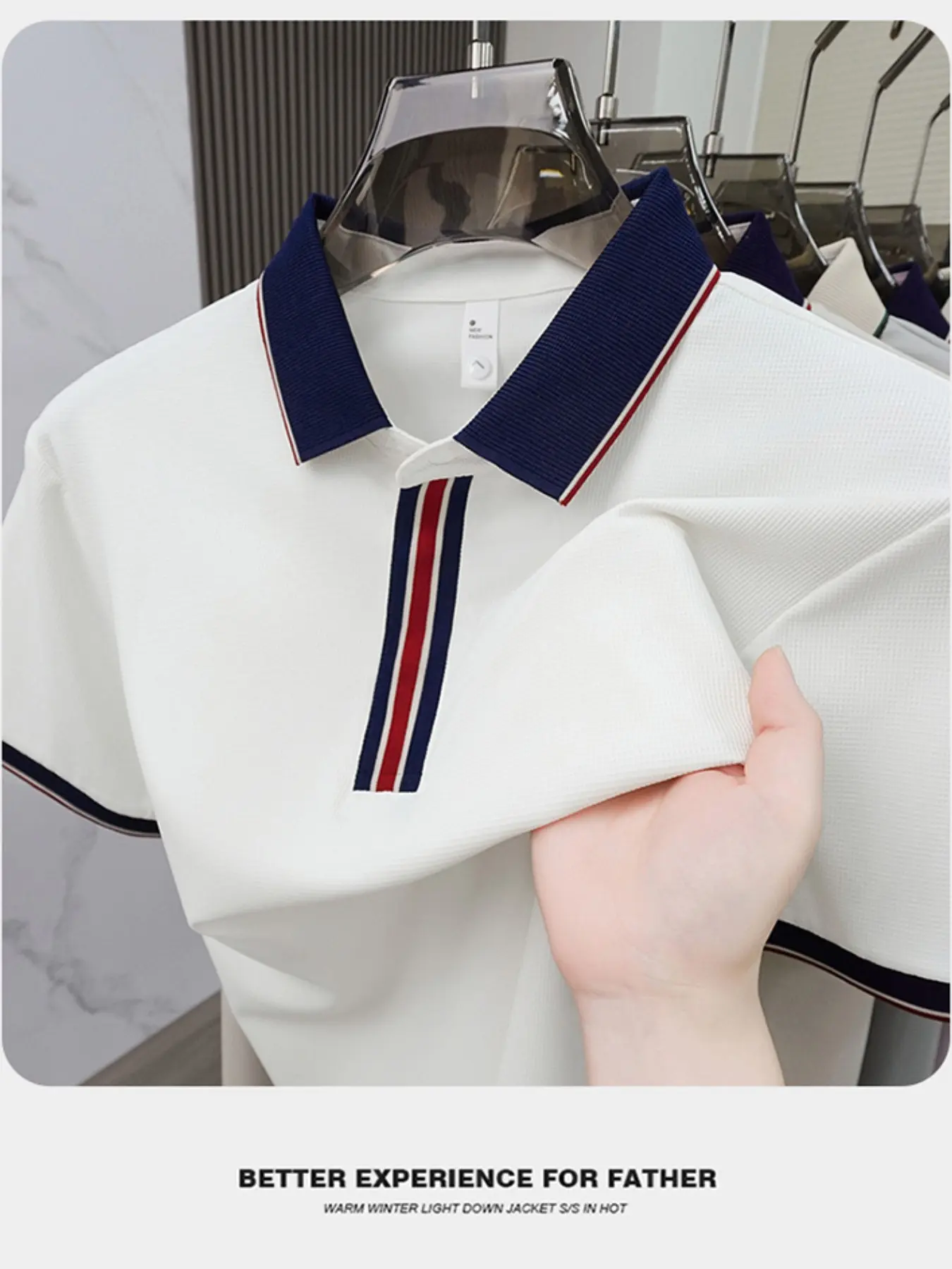 Men's Summer Polo Shirt, Breathable Anti-Wrinkle Nylon, Luxury Business Collar Short Sleeve, Colorblock Front Zipper Design