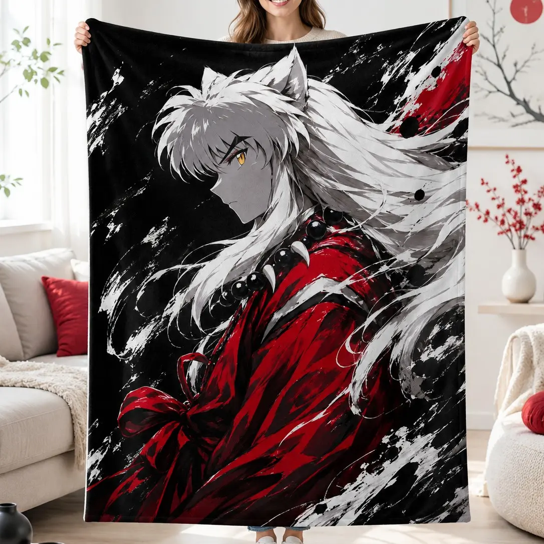 Inuyasha Anime Character Fleece Blanket, Black Red Ink Splash Art Style Throw Blanket, Soft Plush Lightweight Blanket for Sofa Bed Anime Fan Home Decor Collectible Gift, Decorative Throw Blankets