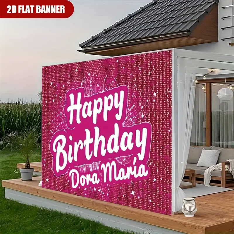 Birthday Backdrop Banner Custom Name Pink Floral Elegant Style Tapestry Wall Hanging Photography Background Polyester Fiber Personalized Party Decor Indoor Outdoor Bedroom Living Room Event Props