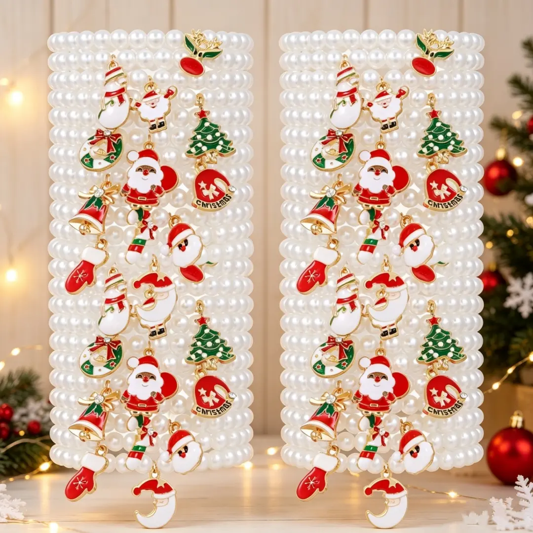12/24Pcs Christmas White Artificial Pearl Charm Bracelet Set for Women, Santa Claus Tree Bell Pendant Beaded Stackable Bracelets, Festive Xmas Holiday Party Costume Jewelry & Party Bracelet Packs