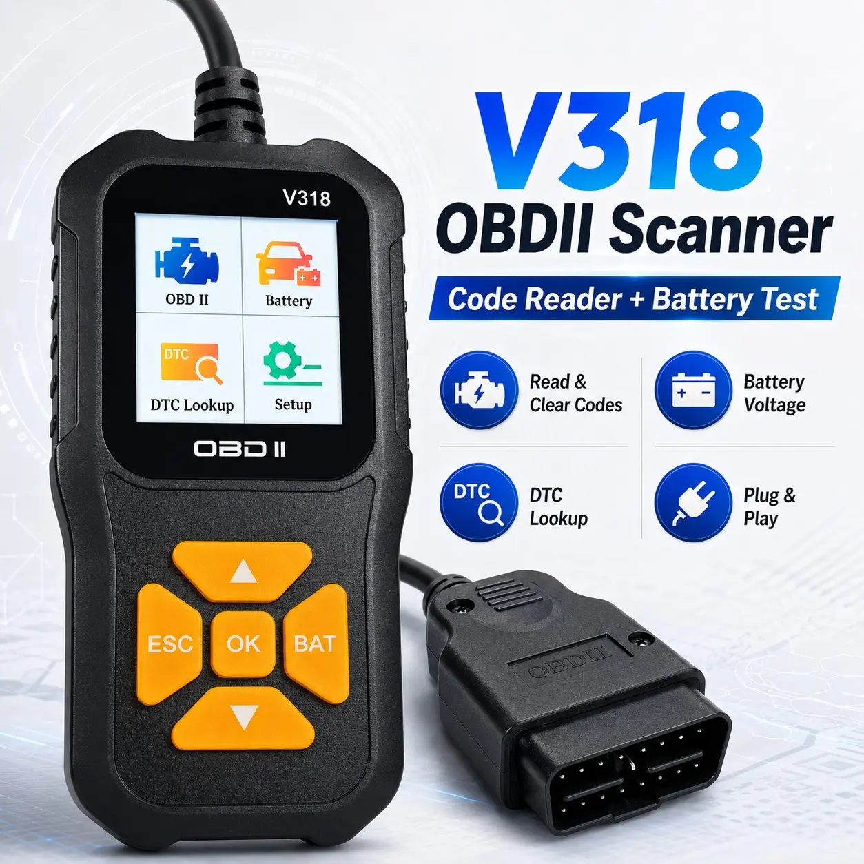 V318 Car Diagnostic Scan Tool Obdii Code Reader, Engine Fault Detector, Battery Voltage Monitor, O2 Sensor Test, Evap Test