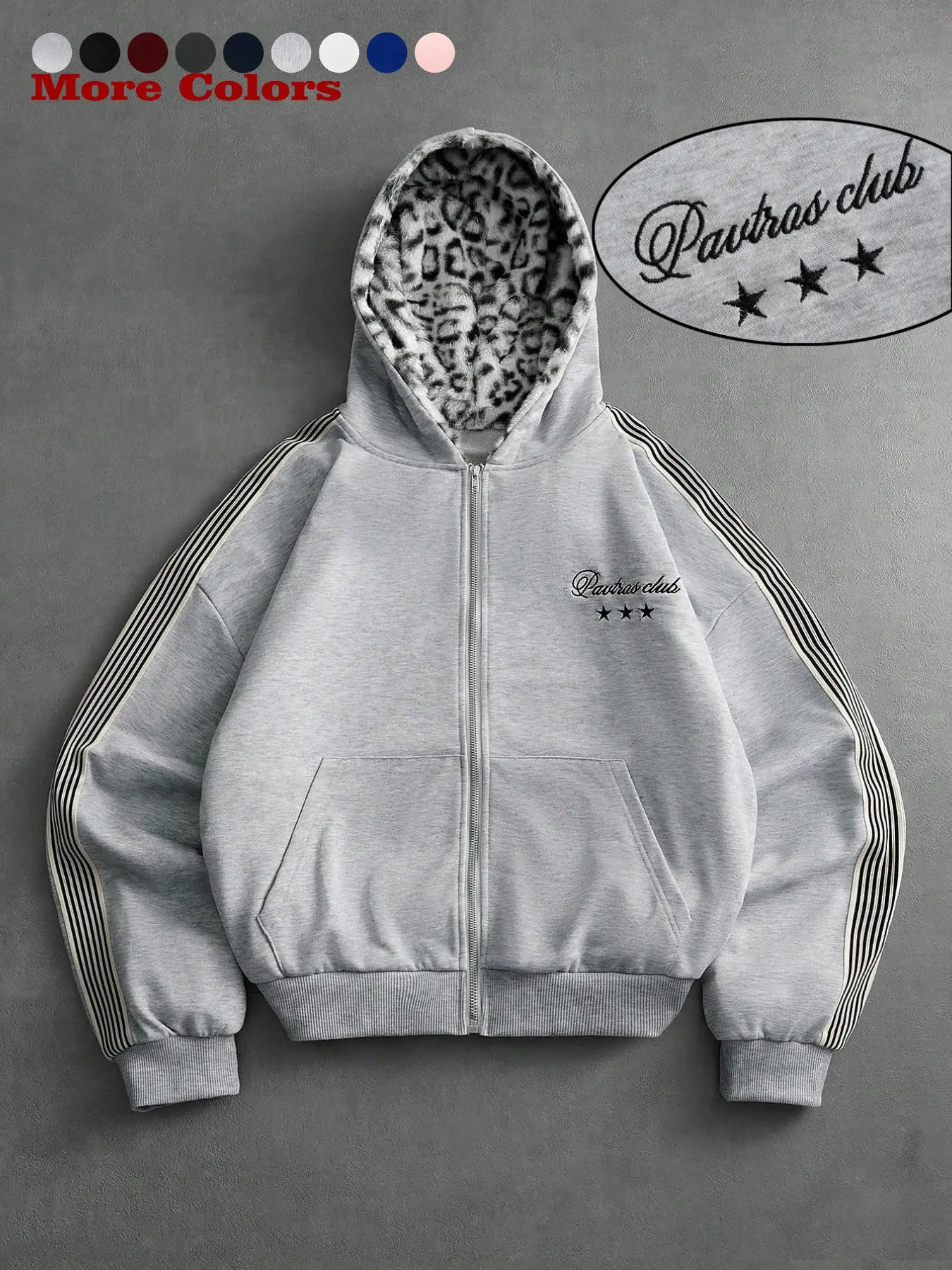 Men's Hooded Zipper Sweatshirt Jacket, Loose Fit, Leopard Fur Lining, Colorblock Stripes, Pavtras Club Embroidery, Y2K Streetwear
