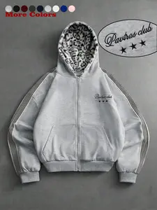 Men's Hooded Zipper Sweatshirt Jacket, Loose Fit, Leopard Fur Lining, Colorblock Stripes, Pavtras Club Embroidery, Y2K Streetwear