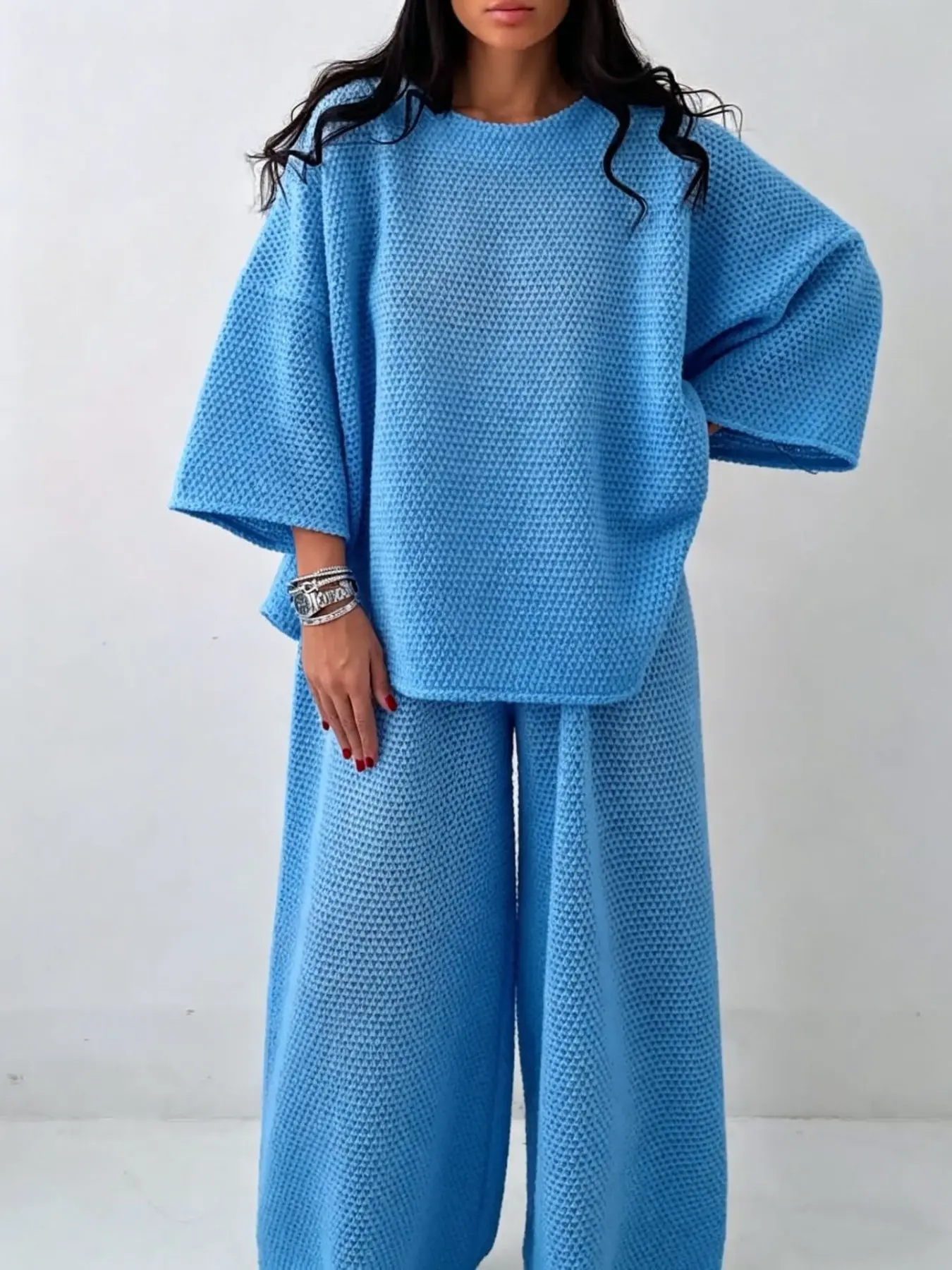 Waffle Knit Lounge Set for Women, 2 Piece, Oversized Top and Wide Leg Pants, Comfortable Matching Sets, Perfect for Relaxing at Home, Loungewear