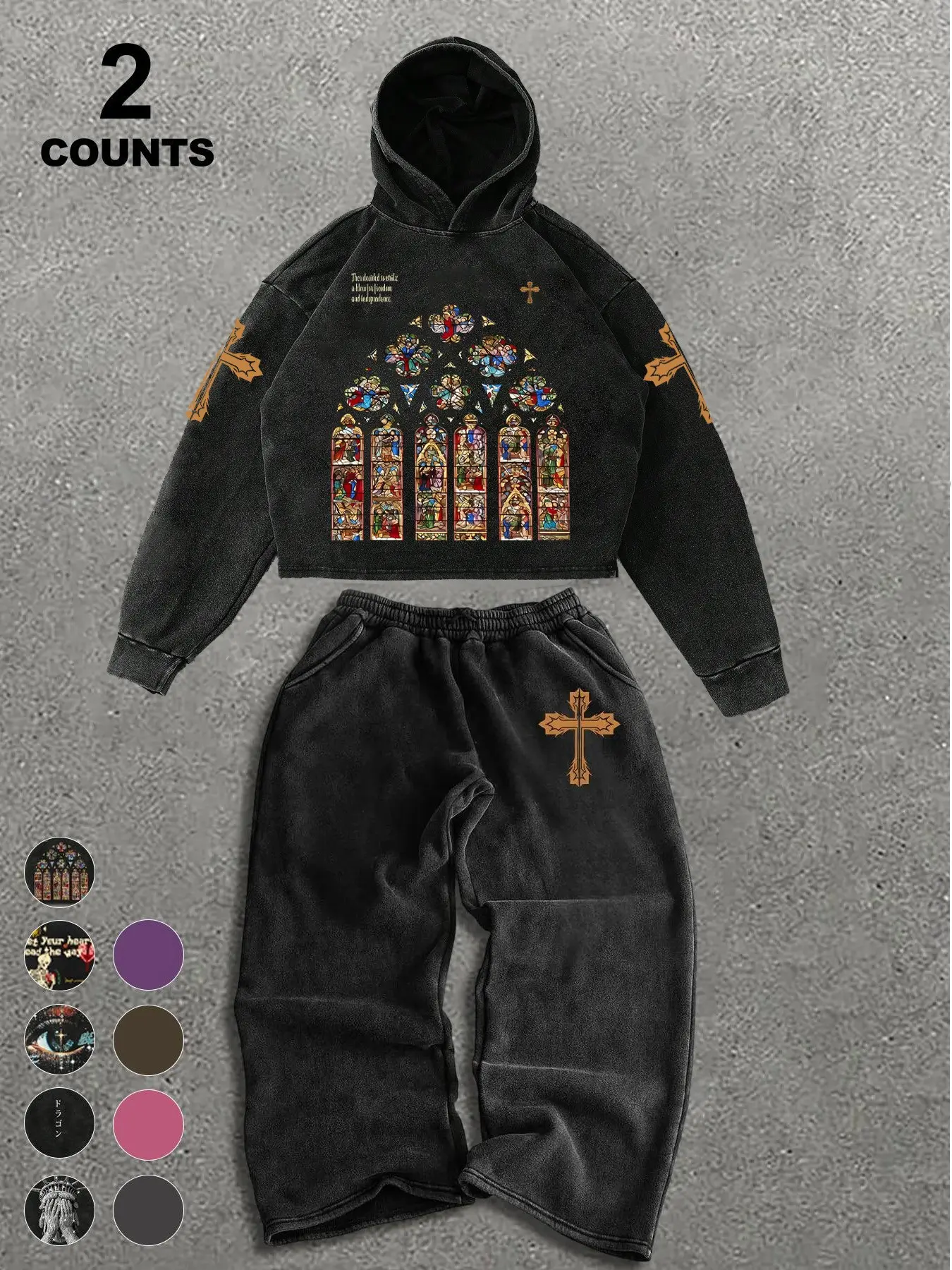 Vintage Acid Wash Stained Glass Graphic Print Hoodie and Oversized Sweatpants 2-Piece Set | Y2K Grunge Casual Fashion Streetwear Co-ord for Men & Women | High-Quality Heavyweight Religious Art Tracksuit for Daily Street Style
