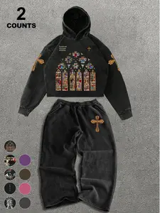 Vintage Acid Wash Stained Glass Graphic Print Hoodie and Oversized Sweatpants 2-Piece Set | Y2K Grunge Casual Fashion Streetwear Co-ord for Men & Women | High-Quality Heavyweight Religious Art Tracksuit for Daily Street Style