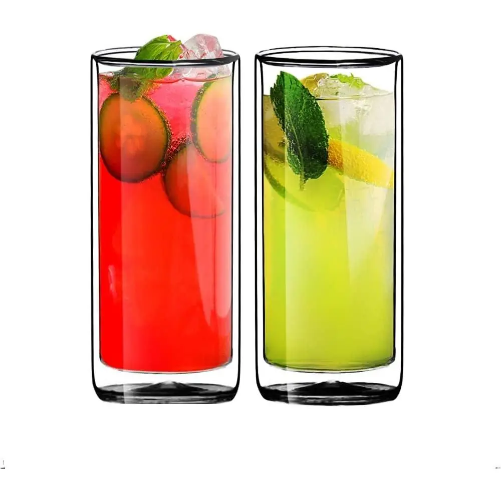 Sturdy Double Wall Insulated Glass Tumbler Set of 2 - 16oz (450ml) Collins Highball Cups for Beer, Iced Tea, Cocktails, Sturdy Beverage Serving Kitchenware