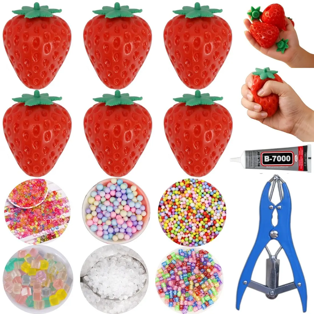 Squishy Ball Kit Making Set, Includes 6 Filling Packs, 6 Strawberry Shape Blank Skins, 15ML Glue and Expansion Tool, Adult Stress Relief