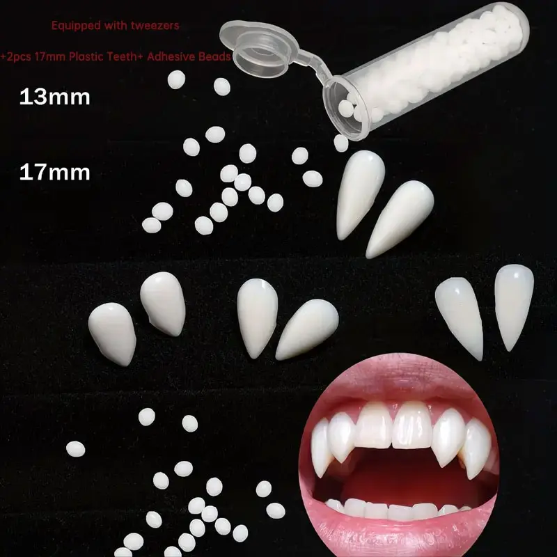 Vampire Fangs Set with Adhesive Beads, 2pcs 17mm Plastic Teeth, Role Play Costume Accessory, Fun Holiday Gift, Carnival Decor