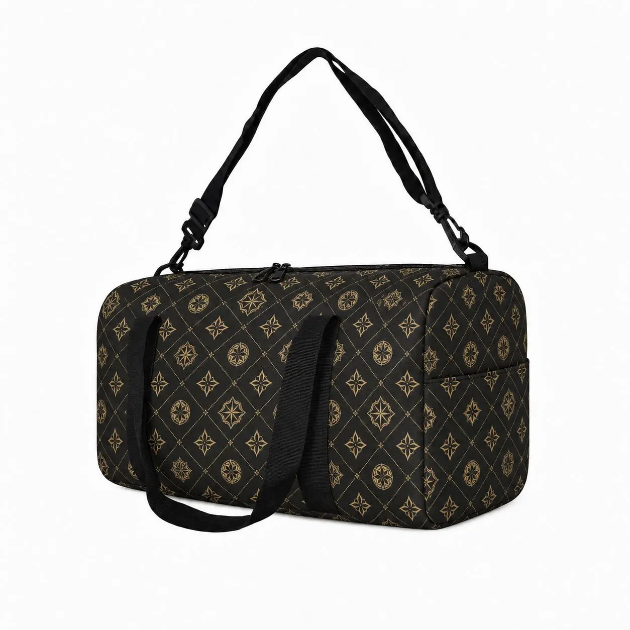 Geometric Travel Duffel Bag for Men Women, Black Gold Print, Smooth Finish, Adjustable Shoulder Strap, Dual Carry Handles, Top Zipper, Side Pocket and Rounded Body for Overnight Stays, Road Trips, Gym Sessions, Campus, City Commutes and Vacation Packing