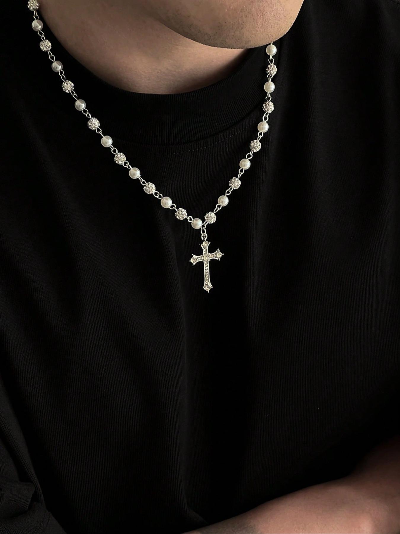 Vintage-Style Faux Pearl Necklace with Rhinestone Cross Pendant, Men's Hip Hop Punk Jewelry, Bling Faux Pearl Chain Necklace, Trendy Necklace Vintage-Style Faux Pearl Necklace with Rhinestone Cross Pendant, Men's Hip Hop Punk Jewelry, Bling Faux Pearl Chain Necklace, Trendy Necklace