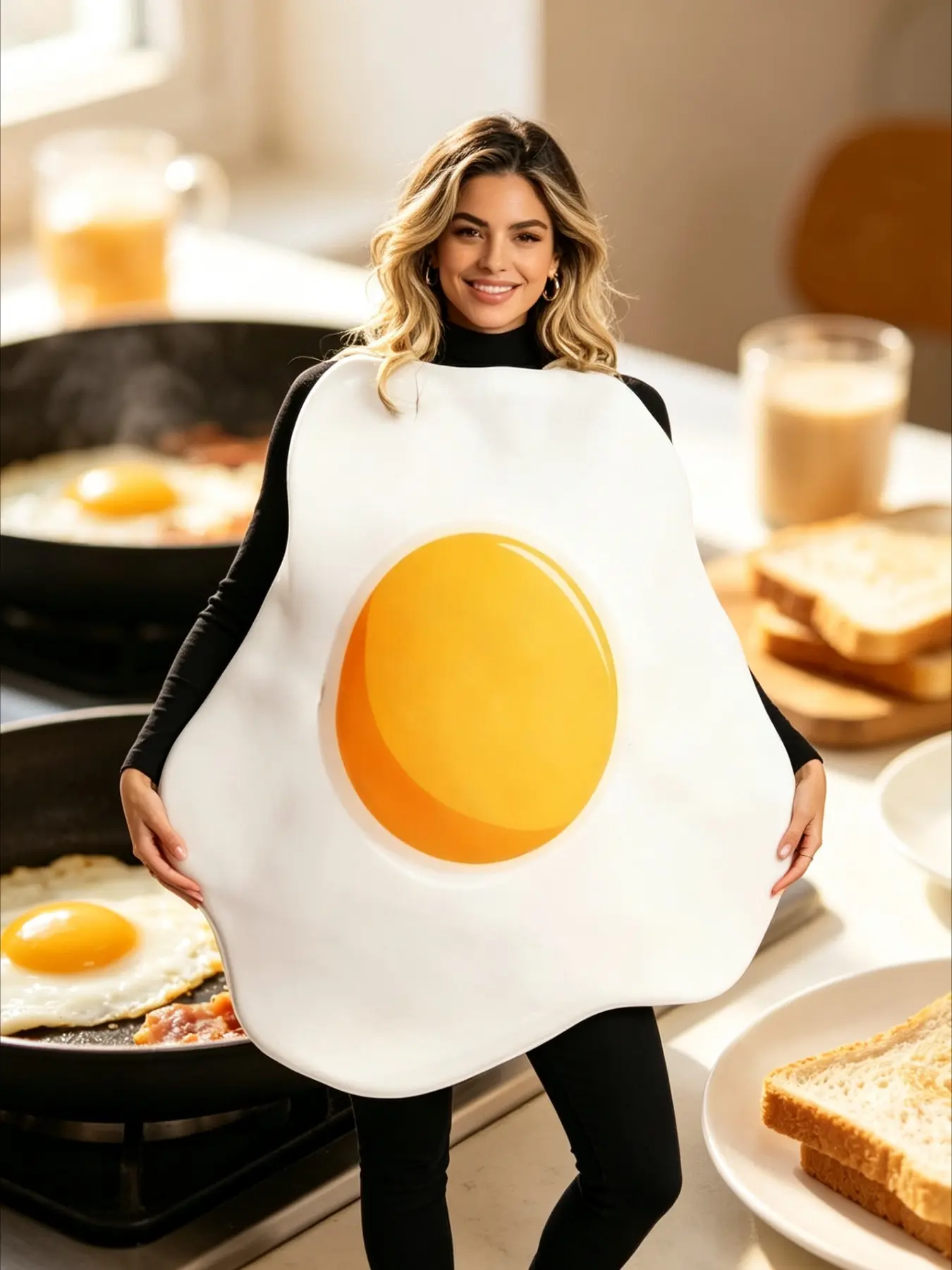 Couple Style Bacon & Egg Jumpsuit Set Unisex Novelty Outfit Halloween Party Stage Performance Dress Up