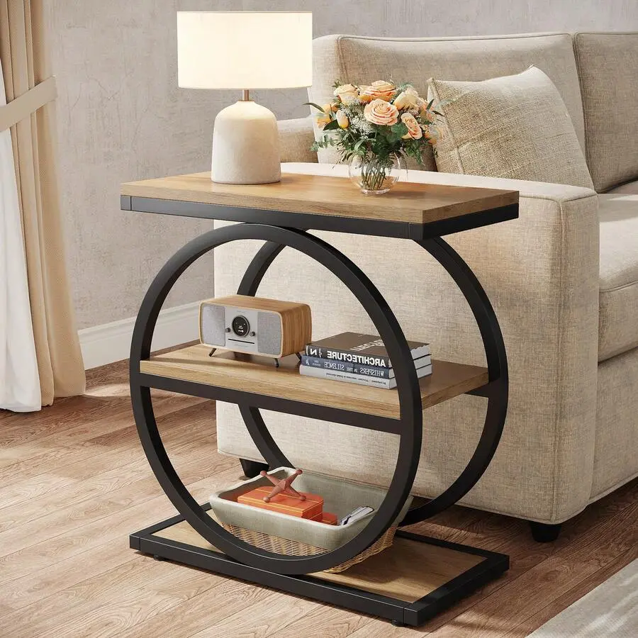 Wood Side End Table, Industrial Sofa Table With Round Metal Frame & 3 Storage Shelves, Nightstand Bedroom, Oak
