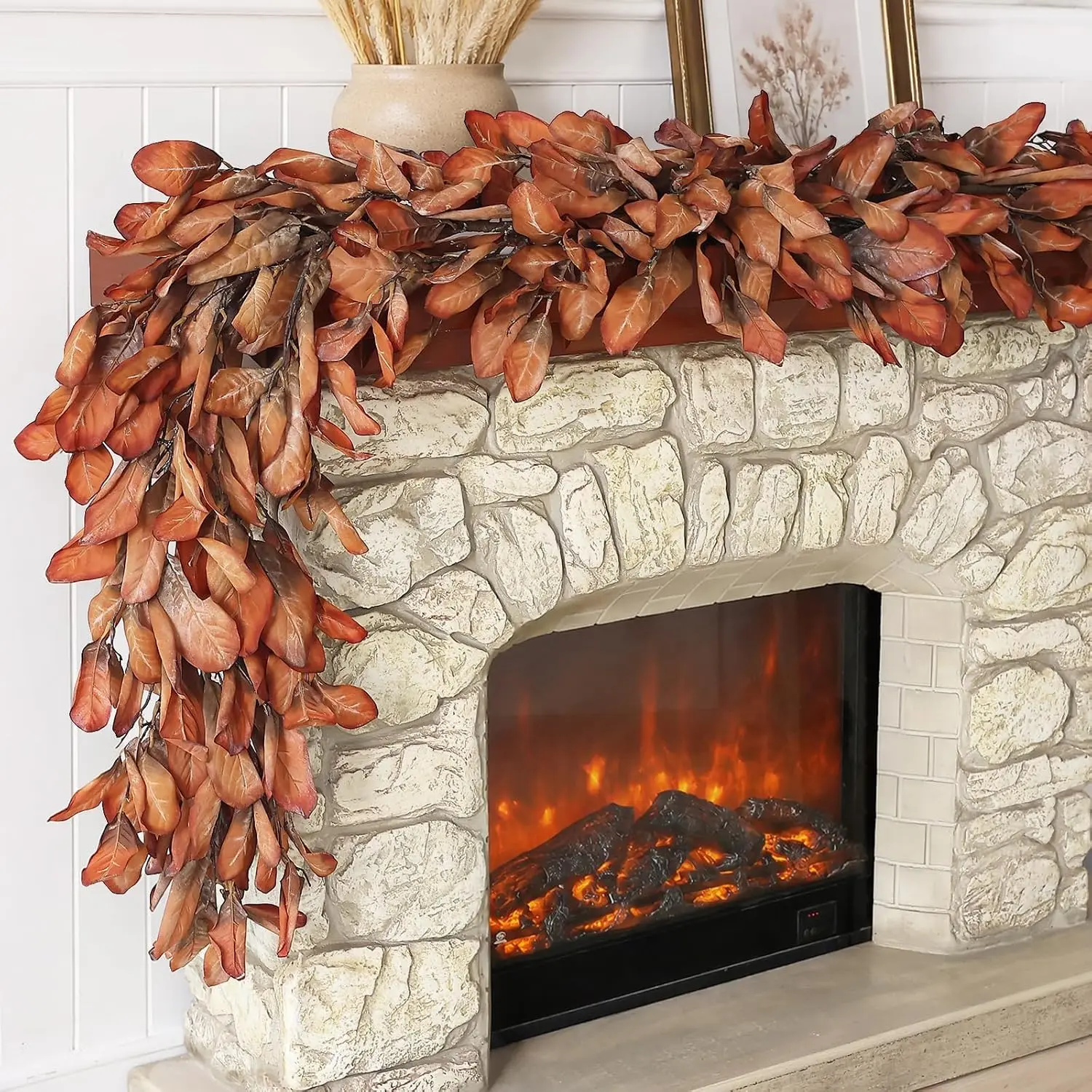 6 FT Artificial Fall Magnolia Leaf Garland for Fireplace Decor (Orange) | Faux Magnolia Leaves Garland Fake Plant Hanging Garland, for Stairs Window Home Farmhouse Indoor Autumn Decor