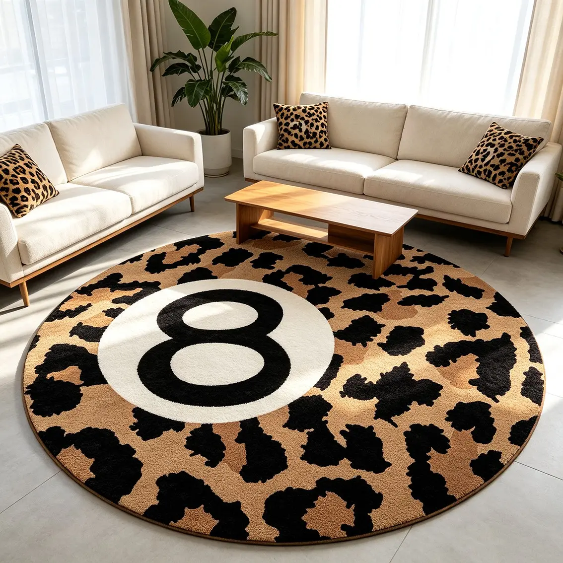 Leopard print black eight billiards circular area carpet, retro street trend animal pattern anti slip plush circular floor mat, modern minimalist living room coffee table home decoration carpet