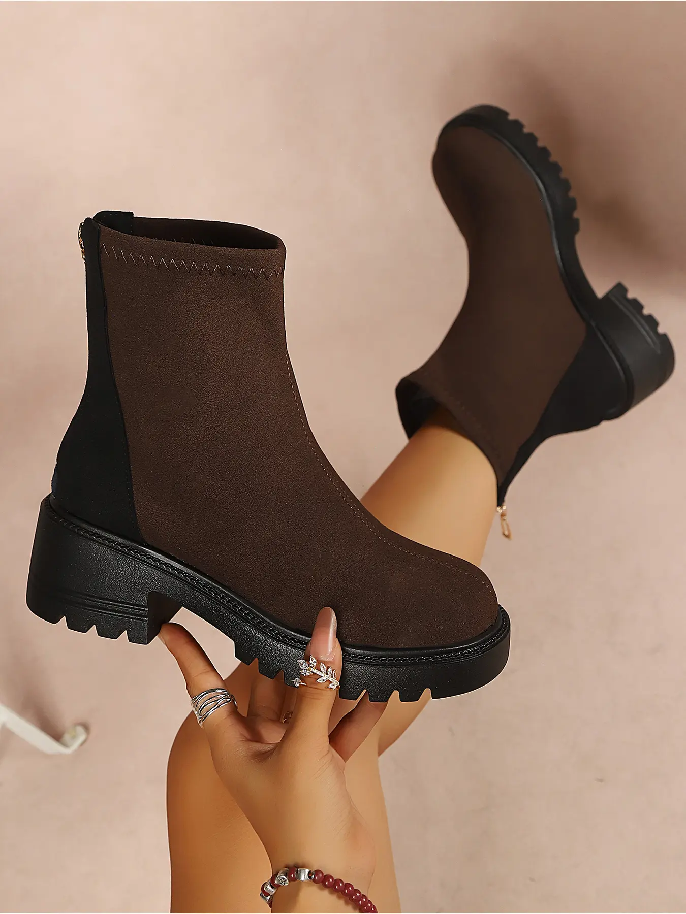 Women's Shoes Vintage Contrast Color Block Heel Short Boots, Comfort Stretch Fit Non Slip Lug Sole Ankle Booties