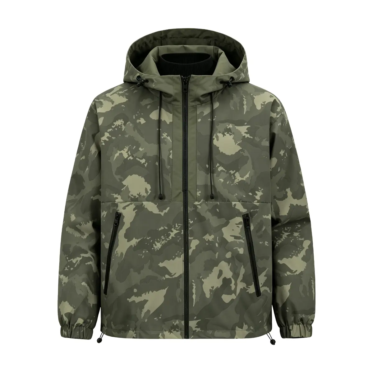 Men's Cozy Relaxed‑Fit Camo Hooded Jacket Full‑Zip Drawstring Hood Elastic Hem Cuffs Outerwear Ideal Garment For Outdoor Activities Work And Multiple Wind‑Rain Weather Casual Occasions