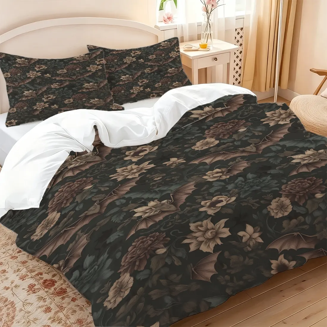 2/3pcs Vintage Dark Gothic Floral Bat Digital Print Bedding Set, Soft Duvet Cover Set (No Filler), Cozy Comforter Cover for Aesthetic Goth Bedroom Decor