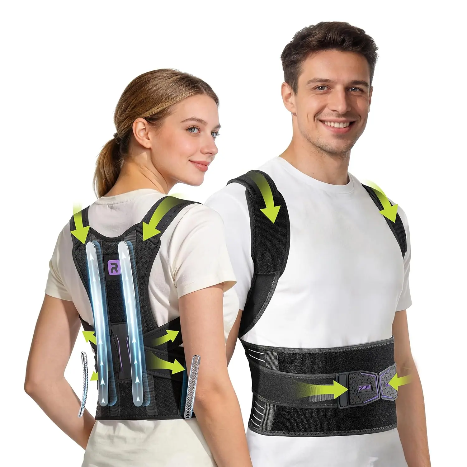 outdoor sports Rakiie Posture Corrector for Women Men, 4 Full Back Support Brace Bars, Adjustable Shoulder Straightener with Cushioned P for Hunchback, Round Shoulders, Back Pain Relief, Purple XL