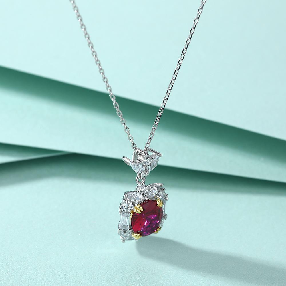 A set of 3 pieces of 925 sterling silver jewelry with large artificial rubies: fashionable ruby pendant necklace, zircon earrings, and high-carbon diamond ring.Suitable for holiday, ball, and party wear.A gift for couples and Mother's Day