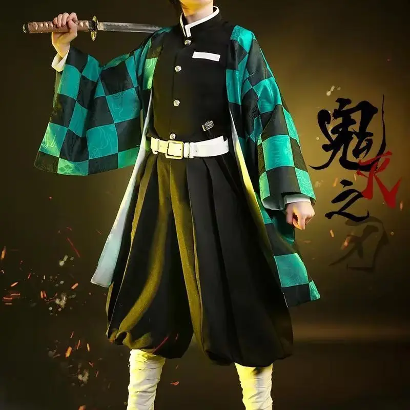 Tanjiro Kamado Cosplay Costume from Demon Slayer, Non-Woven Polyester Kimono Outfit for Adults and Kids, Complete Halloween Set with Wig and Mask