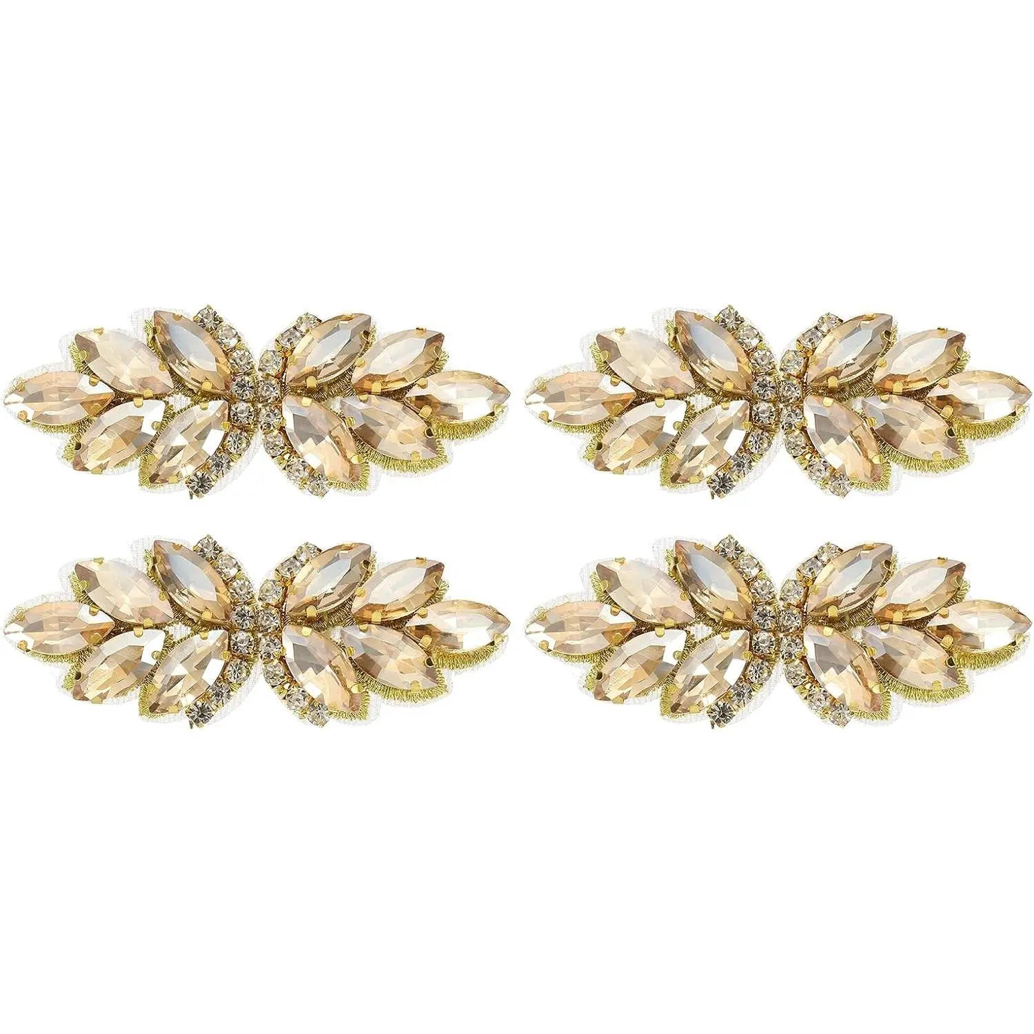 4Pcs Rhinestone Crystal Applique, Handmade Beaded Patches Sew on Patch Crystal Sewing Applique for Bridal Sash Wedding Dress Shoes Bags, Gold/Light Gold