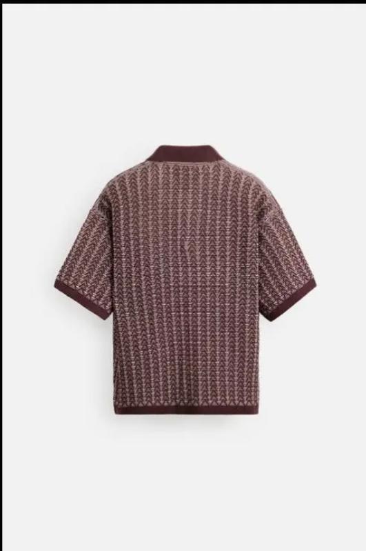 Kyn Apparel Men Brown Chevron Knit Polo Shirt Short Sleeve Loose Fit Retro Casual Textured Contrast Collar Top