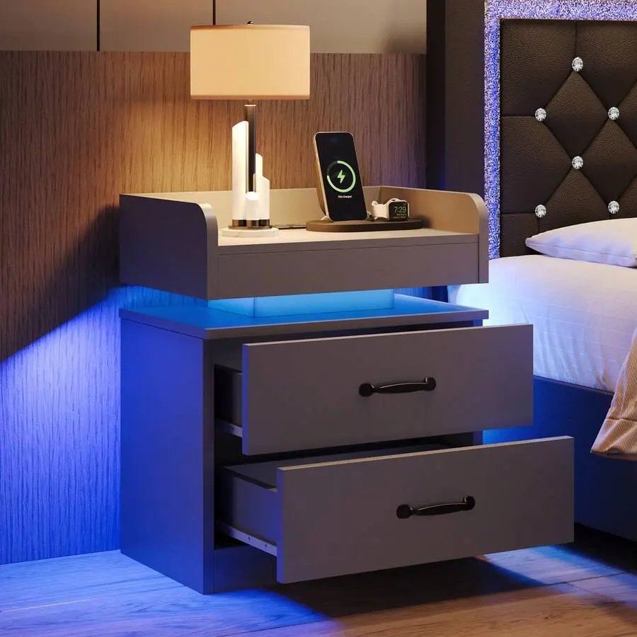 QuietNook Compact Modern Bedroom Drawer Equipped Nightstand - 2 Wood Drawers, LED Strip USB, 2 Power Outlets, Floating Top, Charging Station, Indoor Furniture Side Tables (Black/White/Grey)
